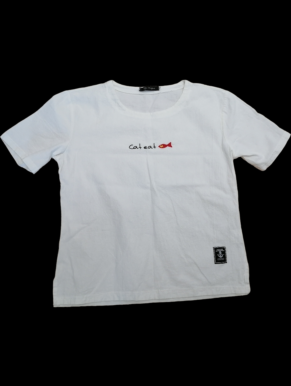 🐠🐠 White 100% Cotton 'Cat Eat' Graphic Tee with Red Fish